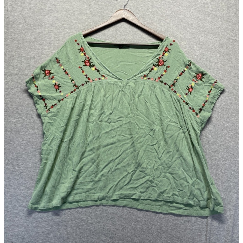 Always Indigo Blouse Top Women 3X Sage Green Rayon Embroidered Floral V Neck